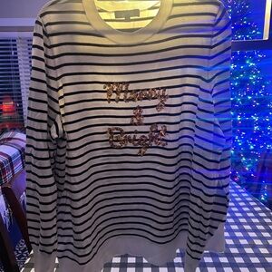 “Merry&Bright” Marled Black and White Striped Christmas Holiday Sweater